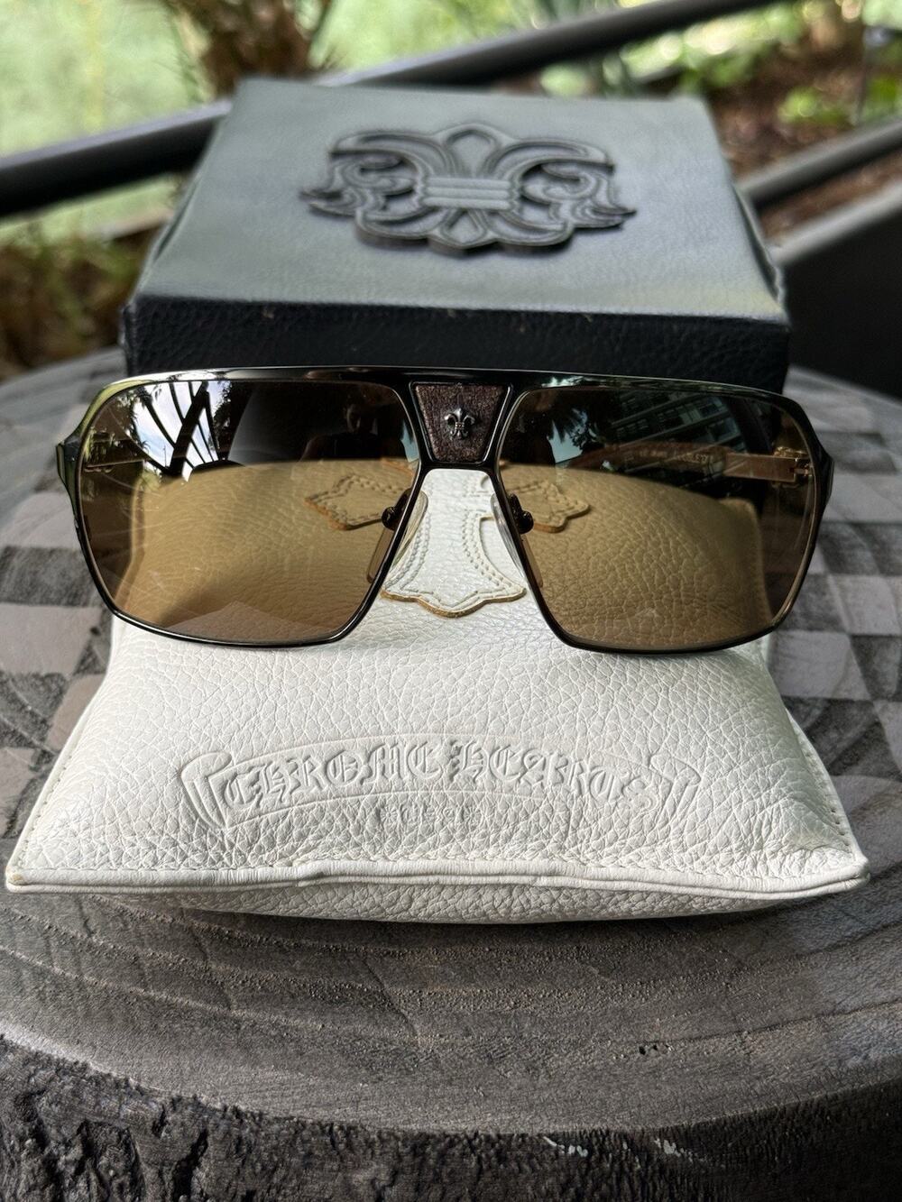 Chrome Hearts Double D II Sunglasses Brown Leather Sterling Silver w/ Case